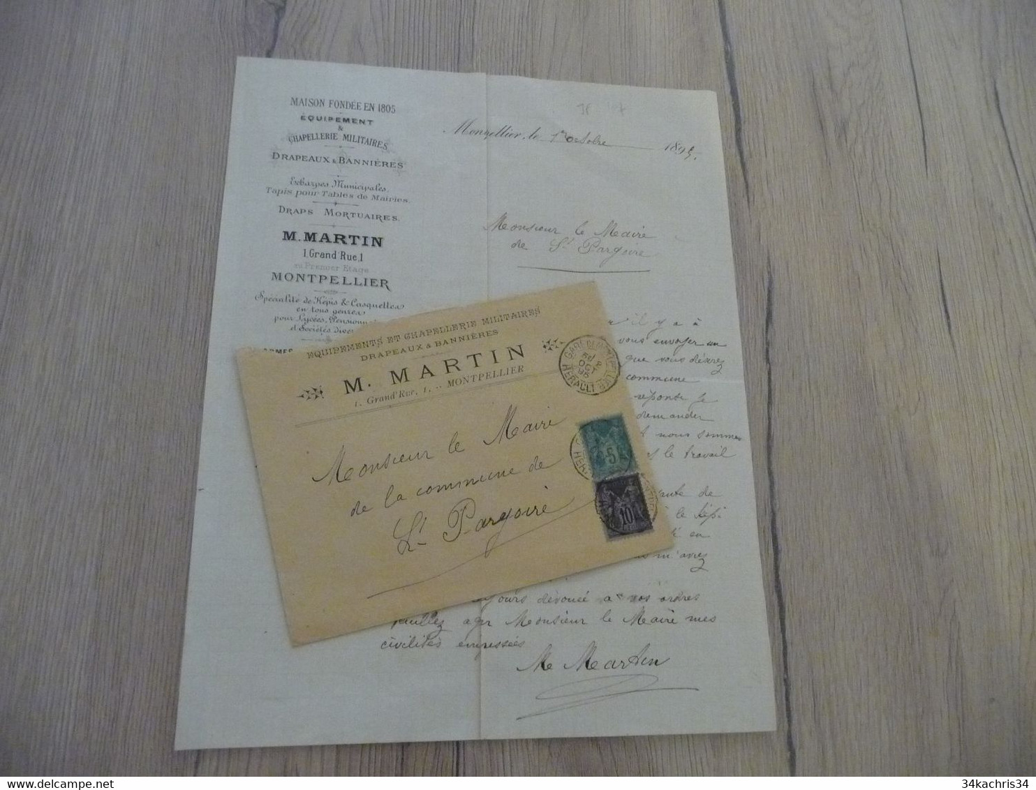 Lettre + Enveloppe à En Tête Pub Martin Montpellier 1895 Chapellerie 2 TP Type Sage - Petits Métiers