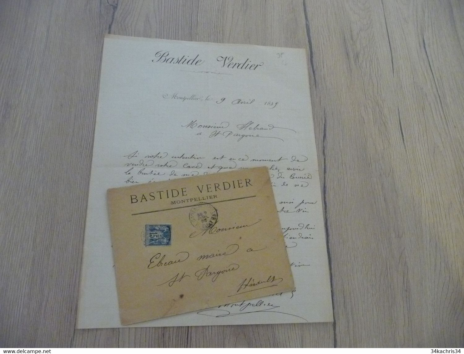 Lettre + Enveloppe à En Tête Pub Bastide Verdier Montpellier 1895 1 TP Type Sage - Petits Métiers