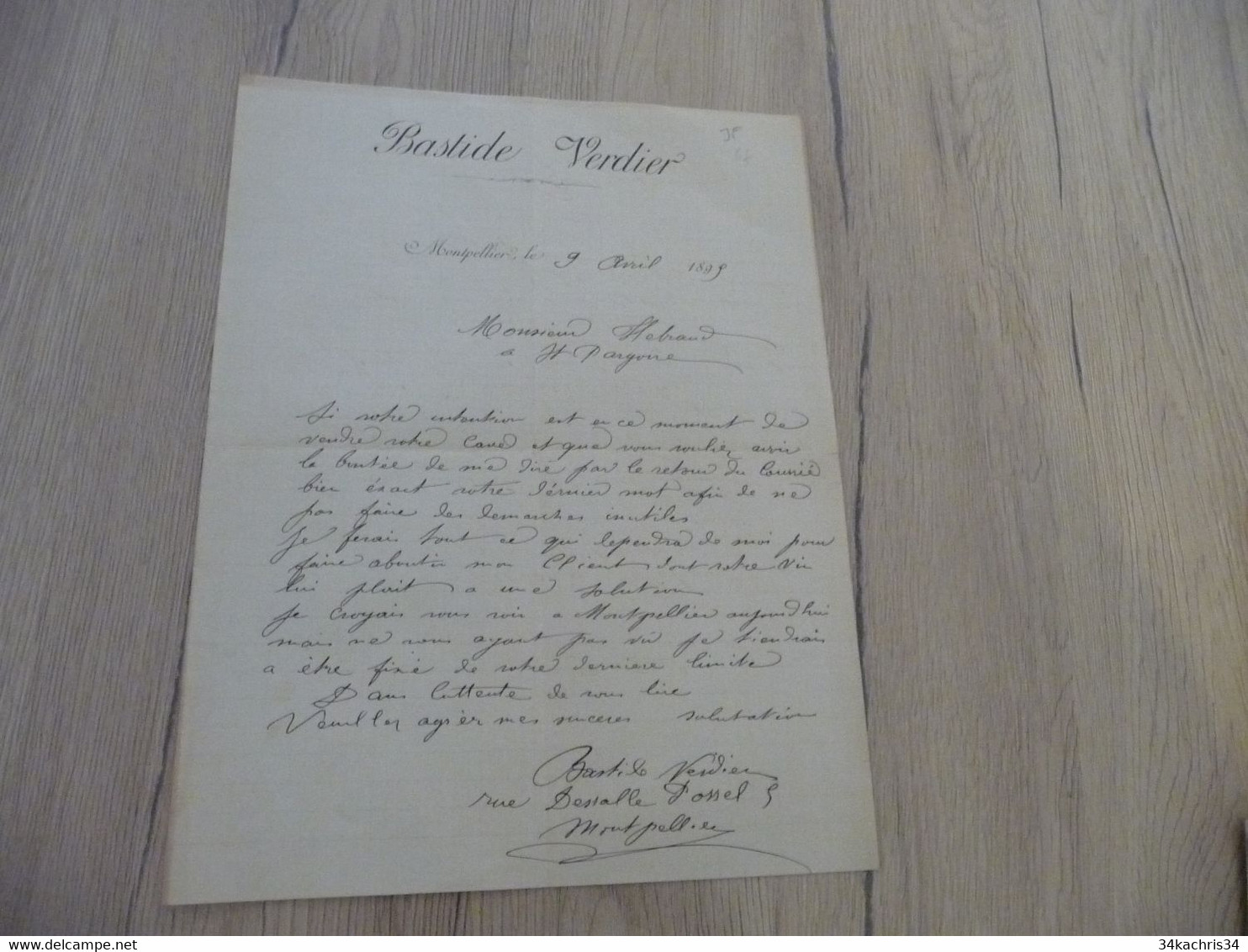 Lettre + Enveloppe à En Tête Pub Bastide Verdier Montpellier 1895 1 TP Type Sage - Straßenhandel Und Kleingewerbe