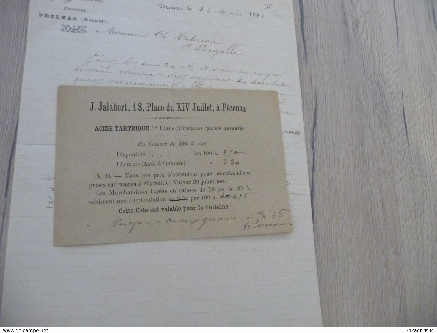 Lettre + Enveloppe à En Tête Pub Jalabert Pézenas Courtier 1892  1 TP Type Sage - Ambachten