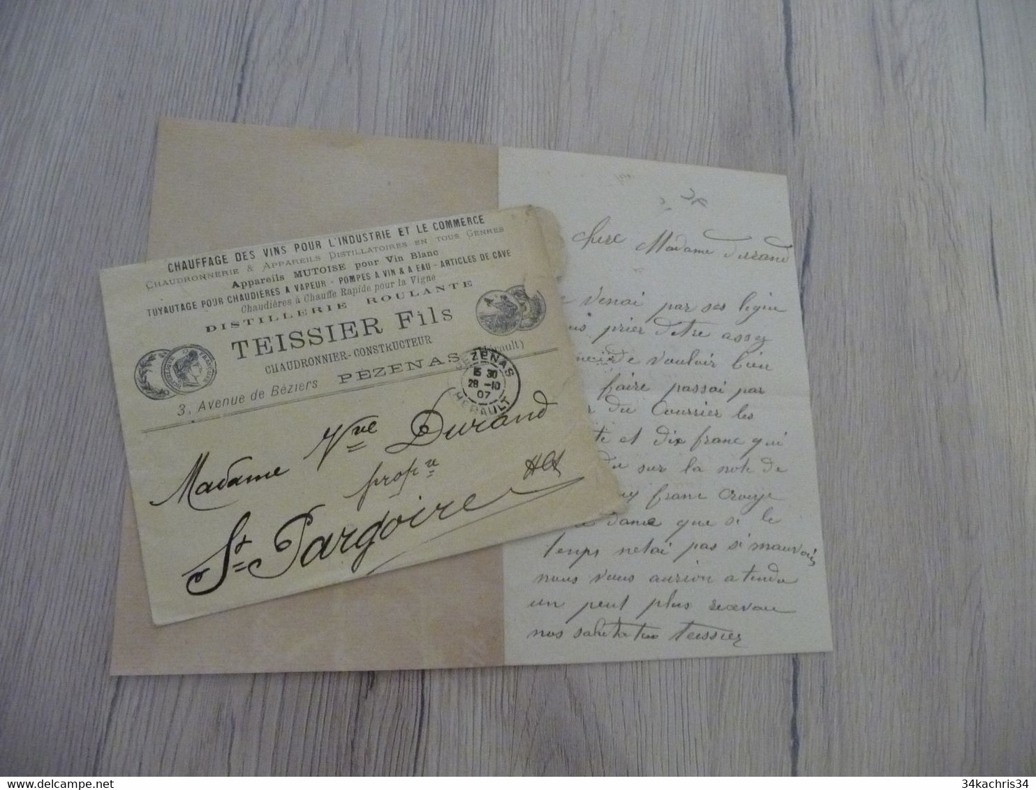 Lettre + Enveloppe à En Tête Pub Teissier Pézenas Chauffage Des Vins 1907 - Landbouw