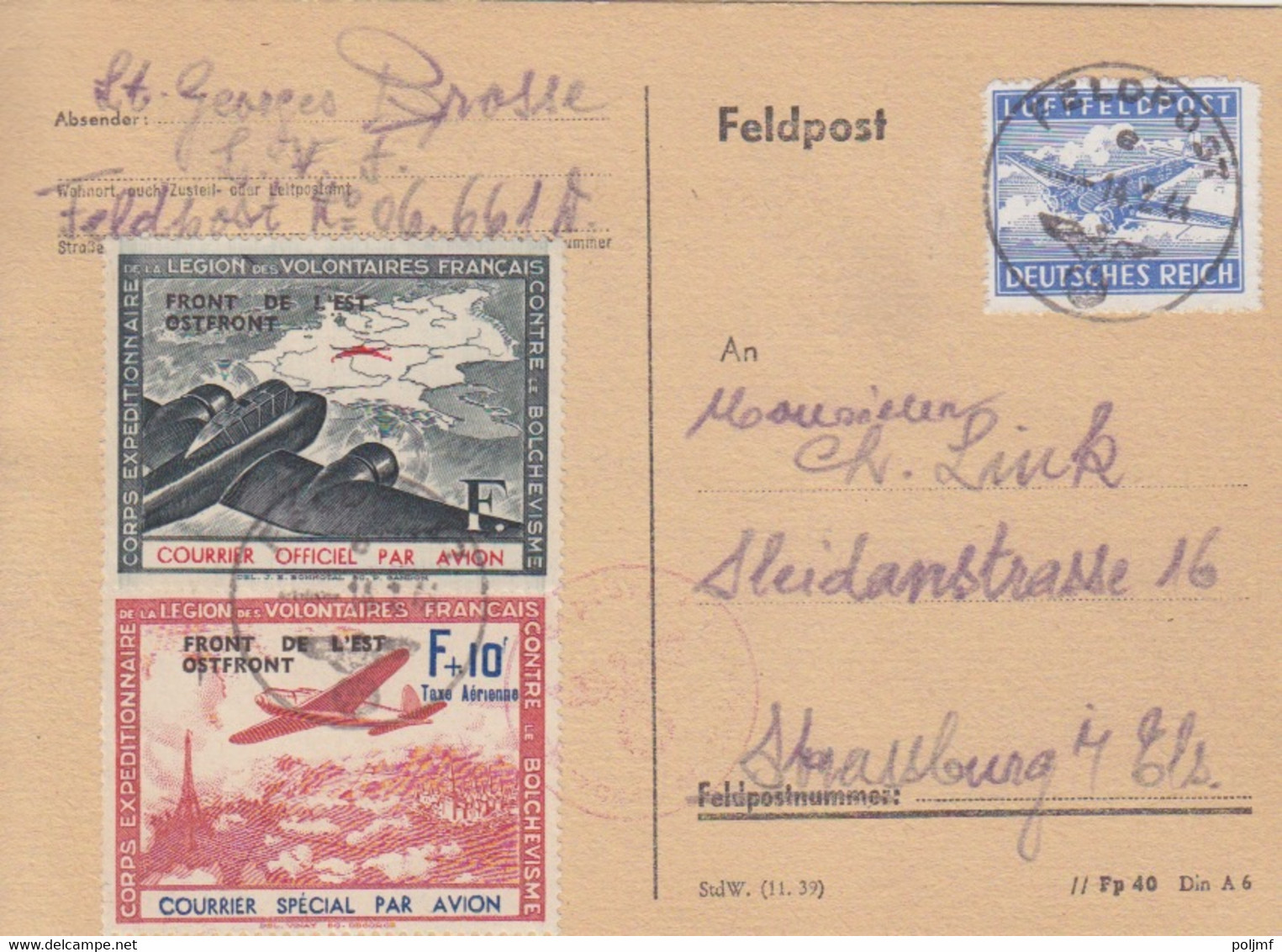 LVF N° 2 Et 3 (Courrier Spécial Par Avion) + TP Reich PA 1 Sur CP Feldpost Fp 40 Din A6, Obl. Felpost Le 14/2/44 - War Stamps
