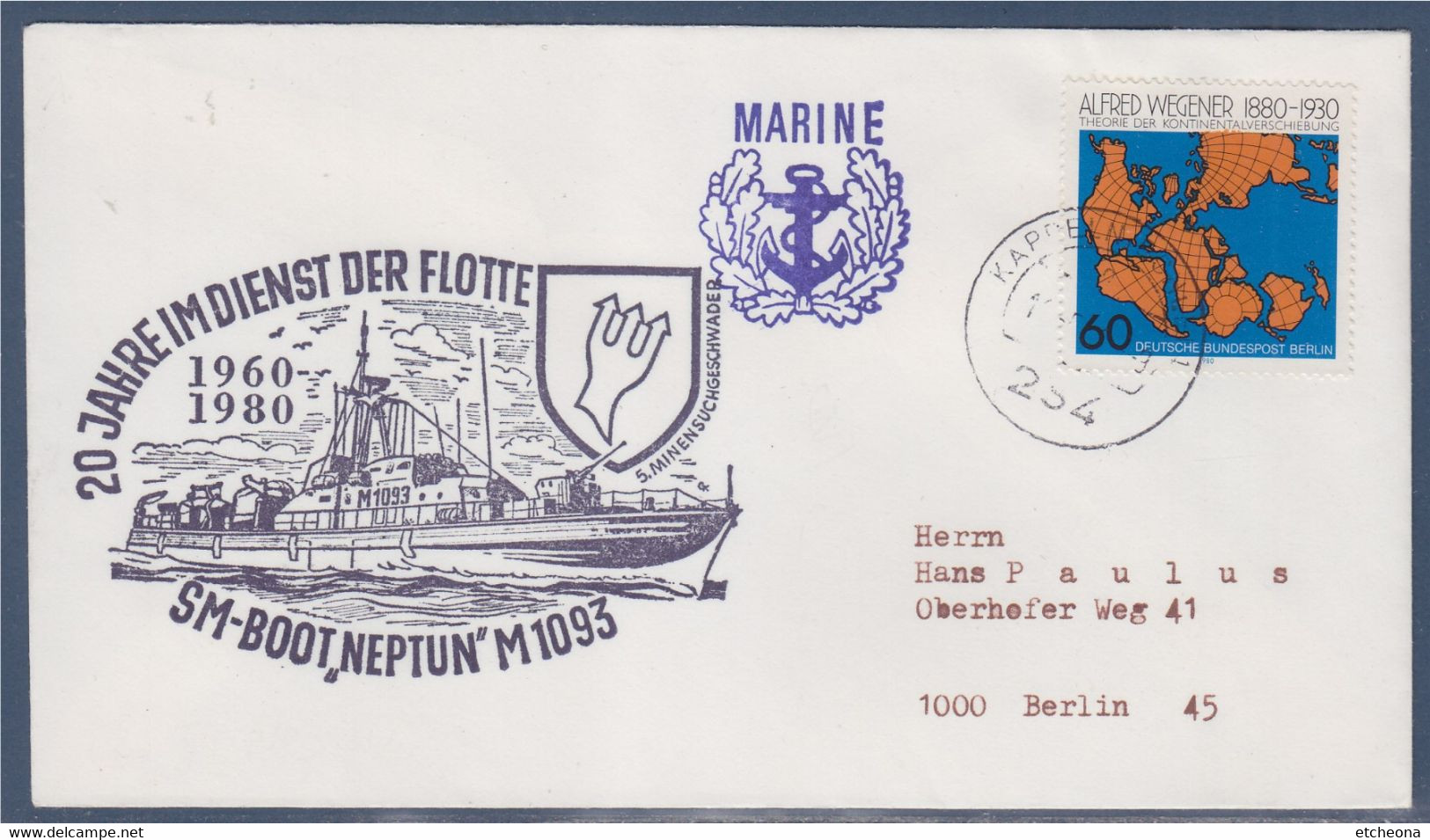 Marine, 20 Ans Au Service De L'escadron De Recherche Des Mines, SM Boot Neptun M1093 Enveloppe 1 Timbre De 1980 - Andere(Zee)