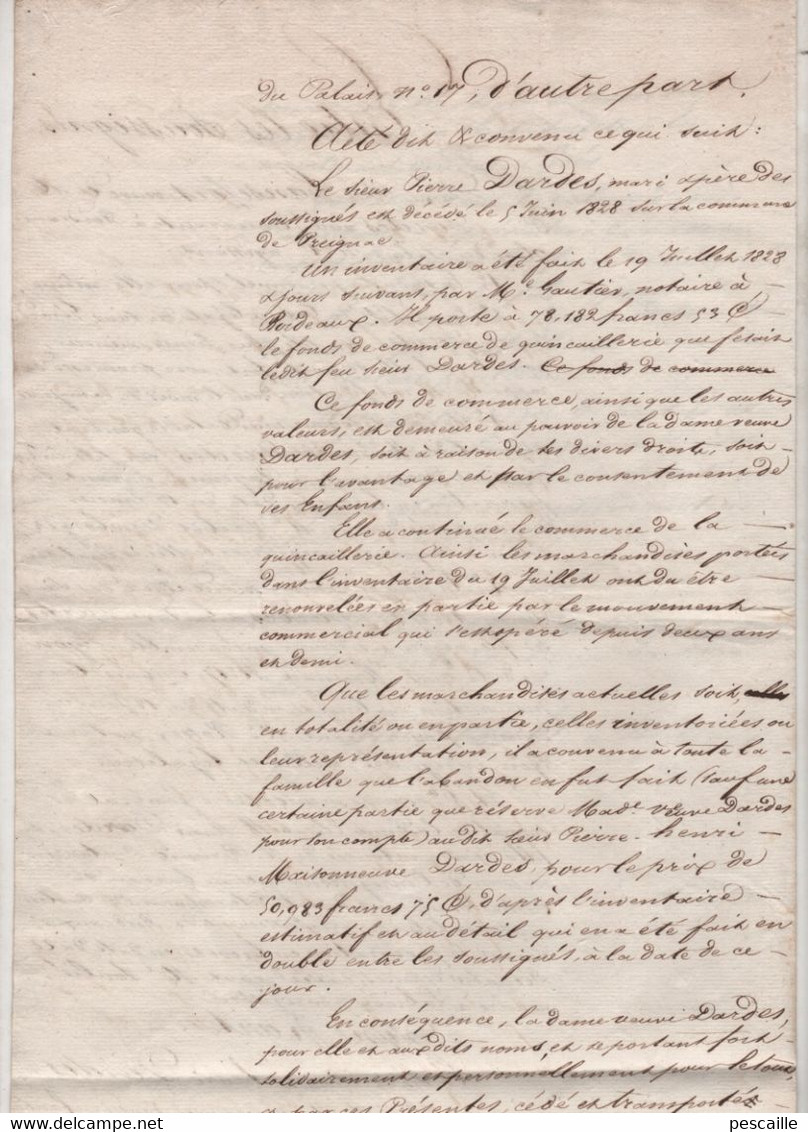 33 GIRONDE BORDEAUX PLACE DU PALAIS - ACTE CONCERNANT PARTAGE DE BIENS DE QUINCAILLERIE ? DARDES MAISONNEUVE / PREIGNAC - Manoscritti