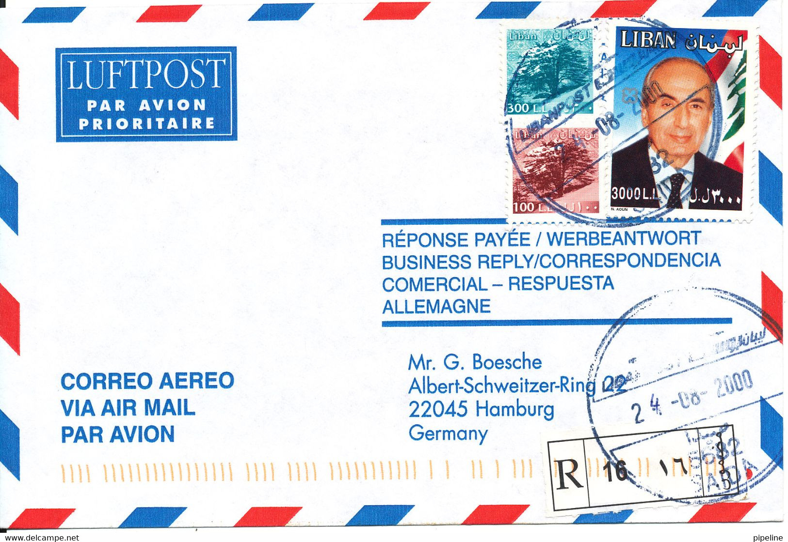 Lebanon Registered Air Mail Cover Sent To Germany 24-8-2000 - Líbano