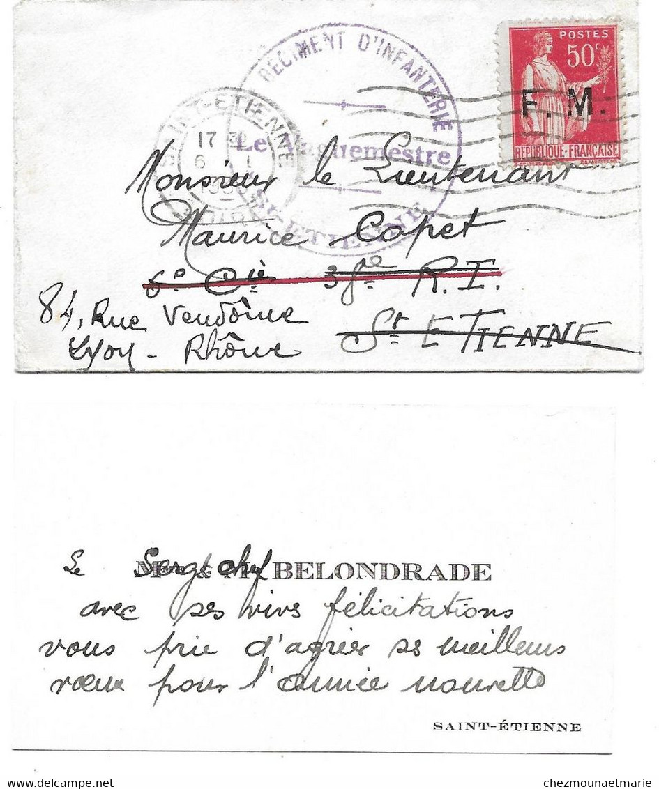 SAINT ETIENNE - SERGENT CHEF BELONDRADE 38 E RI POUR LIEUTENANT CAPET - CDV CARTE DE VISITE + ENVELOPPE - Tarjetas De Visita