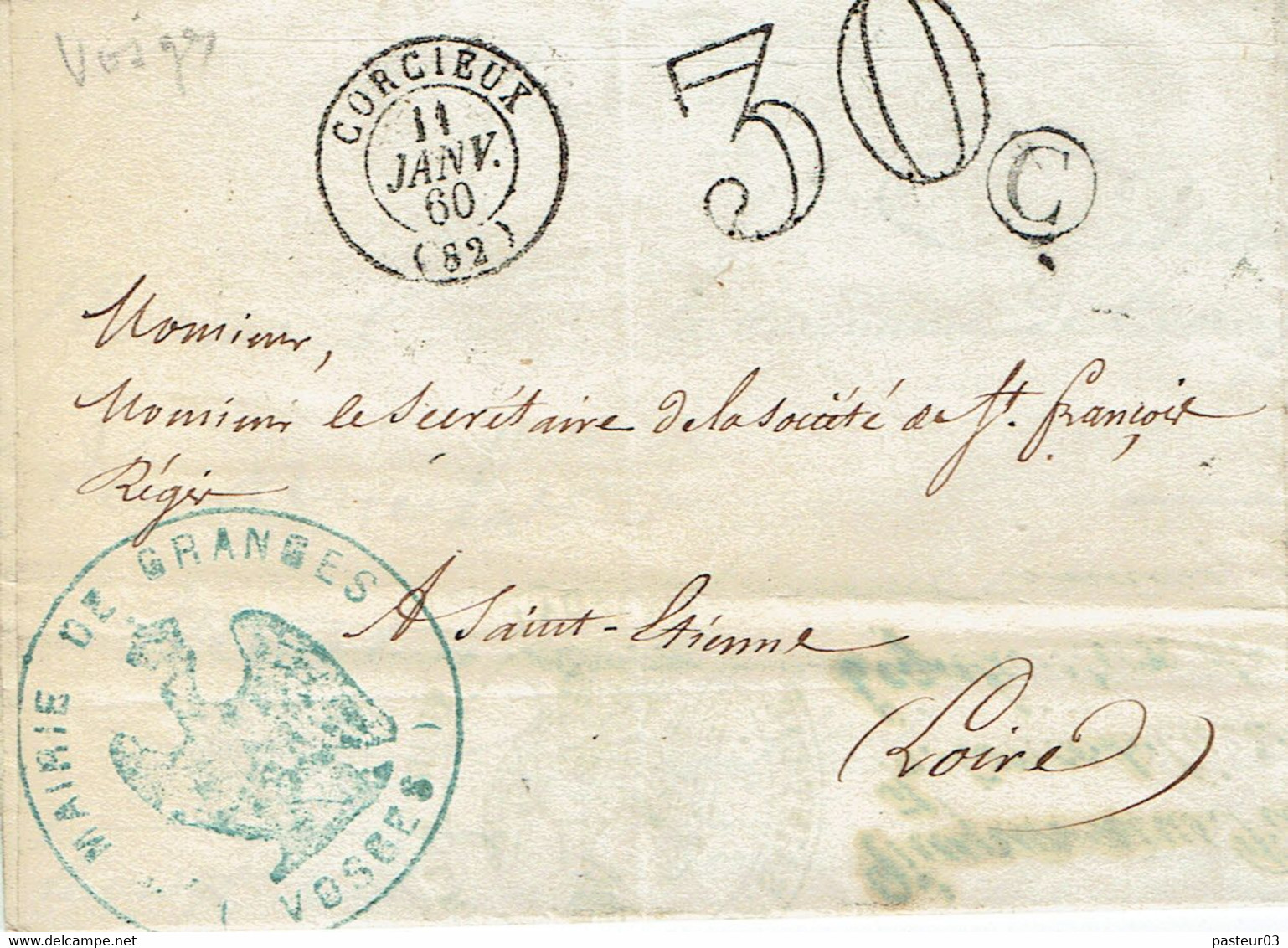 Corcieux 82 Vosges Lettre Du 11 Janvier 1860 Pour Saint Etienne Taxe Tampon 30 Cachet Boite Rurale C - 1849-1876: Periodo Classico