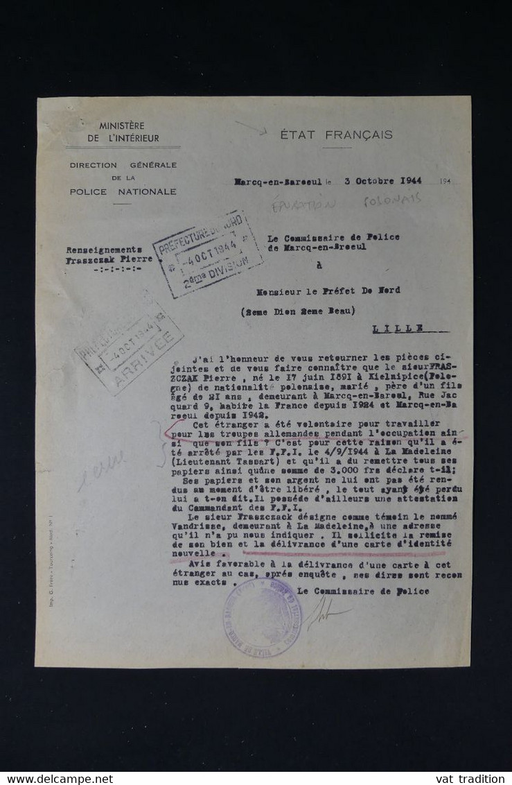 GUERRE 1939/45 - Lettre D'un Commissaire De Police Au Sujet D'un Polonais Arrêté Par Les FFI Et Relaxé En 1944 - L 85066 - Documentos