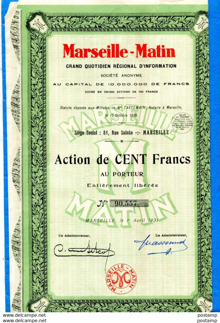 MARSEILLE MATIN-grand Quotidien  Régional D'information-1930-ACTION DE 100FRS-  Bon état - M - O