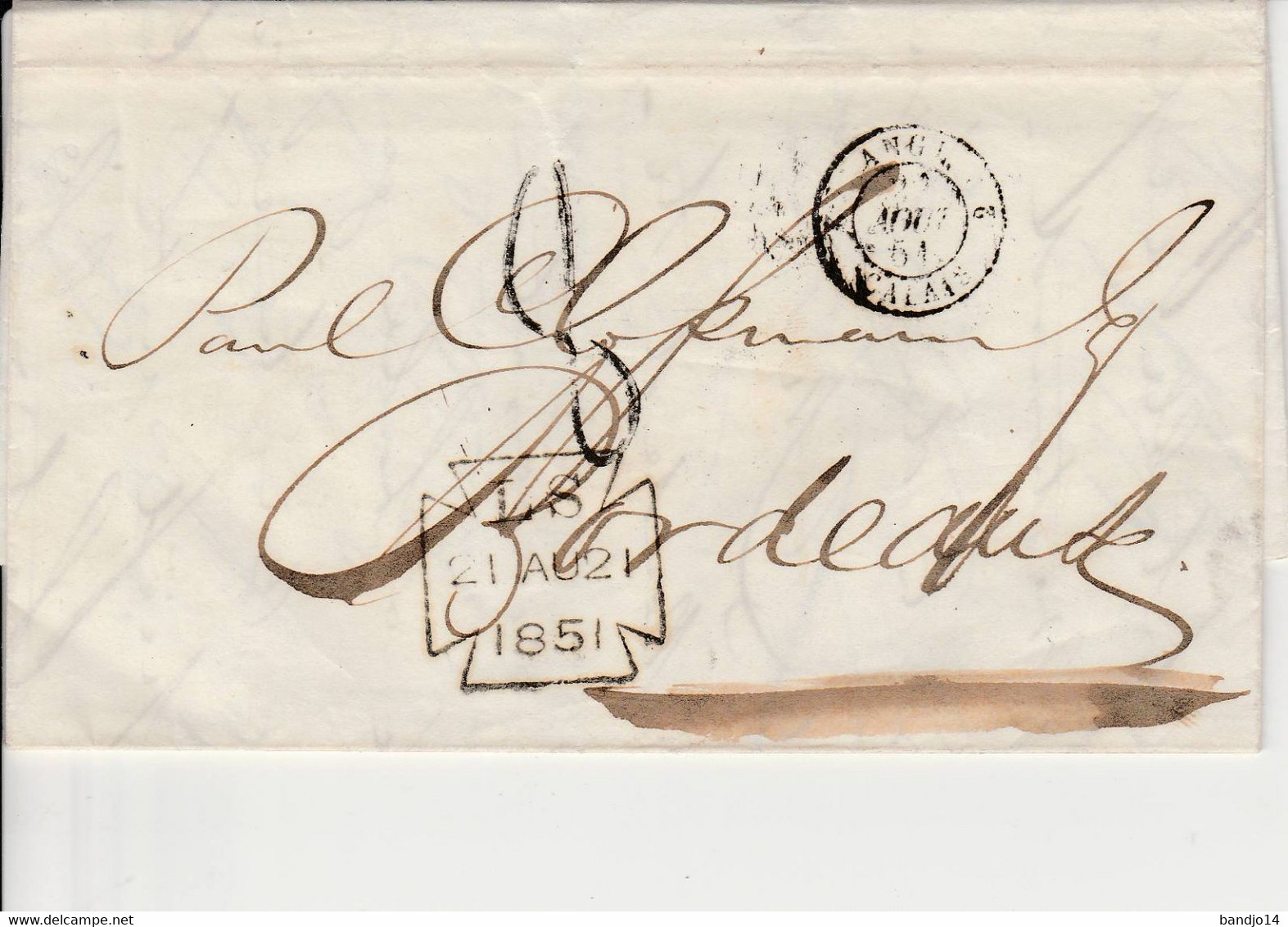 1851 - Lettre De Londres Pour Bordeaux - Cachet "croix De Malte" + Marque D'entrée "ANGL CALAIS " - 1849-1876: Periodo Classico