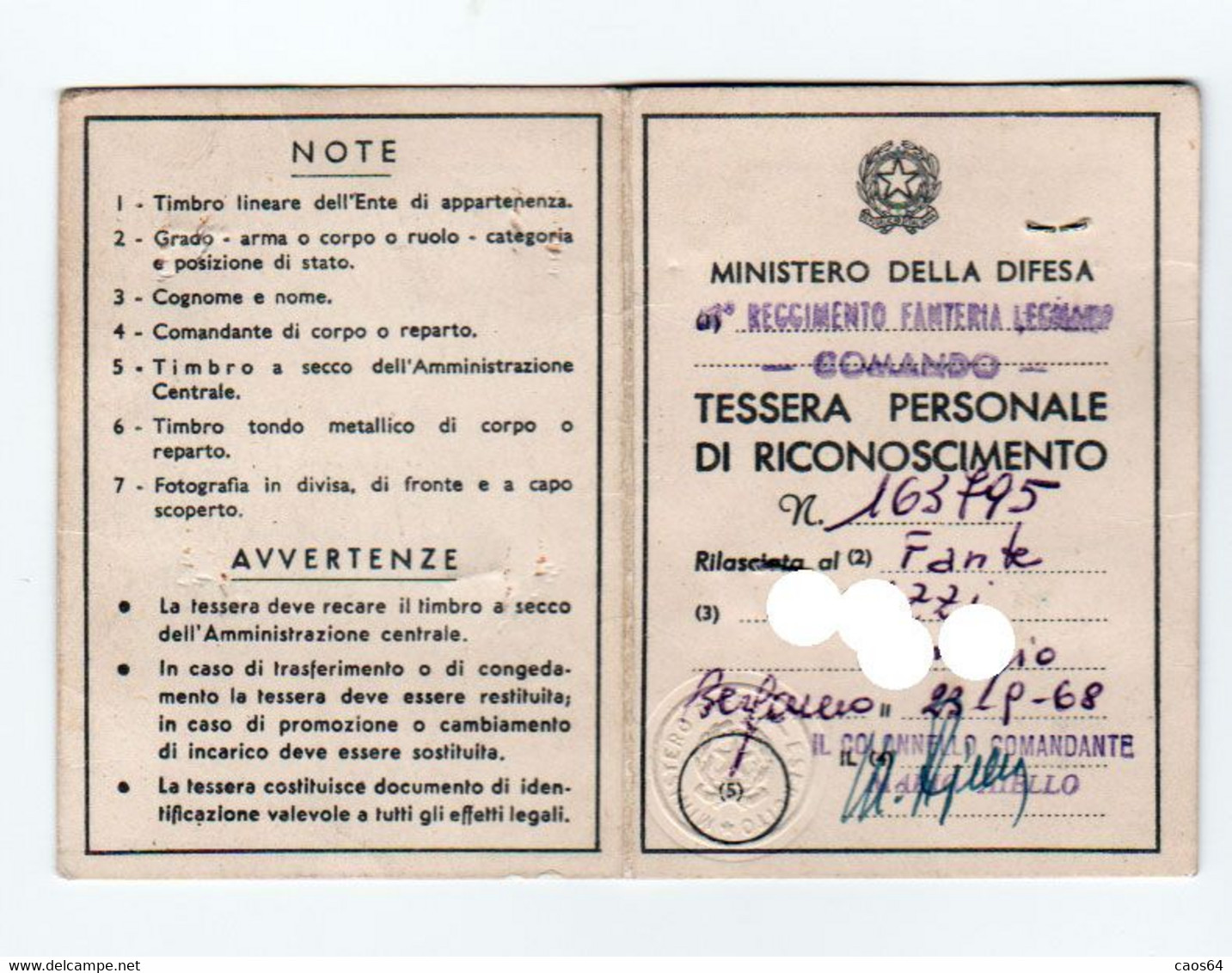 Tessera Ministero Della Difesa 1968 Catanzaro - Lidmaatschapskaarten