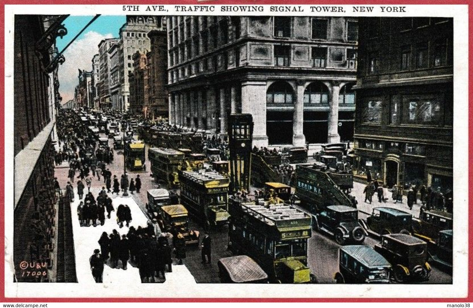 New York. 5eme Avenue. Trafic Routier. Tour De Signalisation. Carte Colorisée. 1930. - Transports