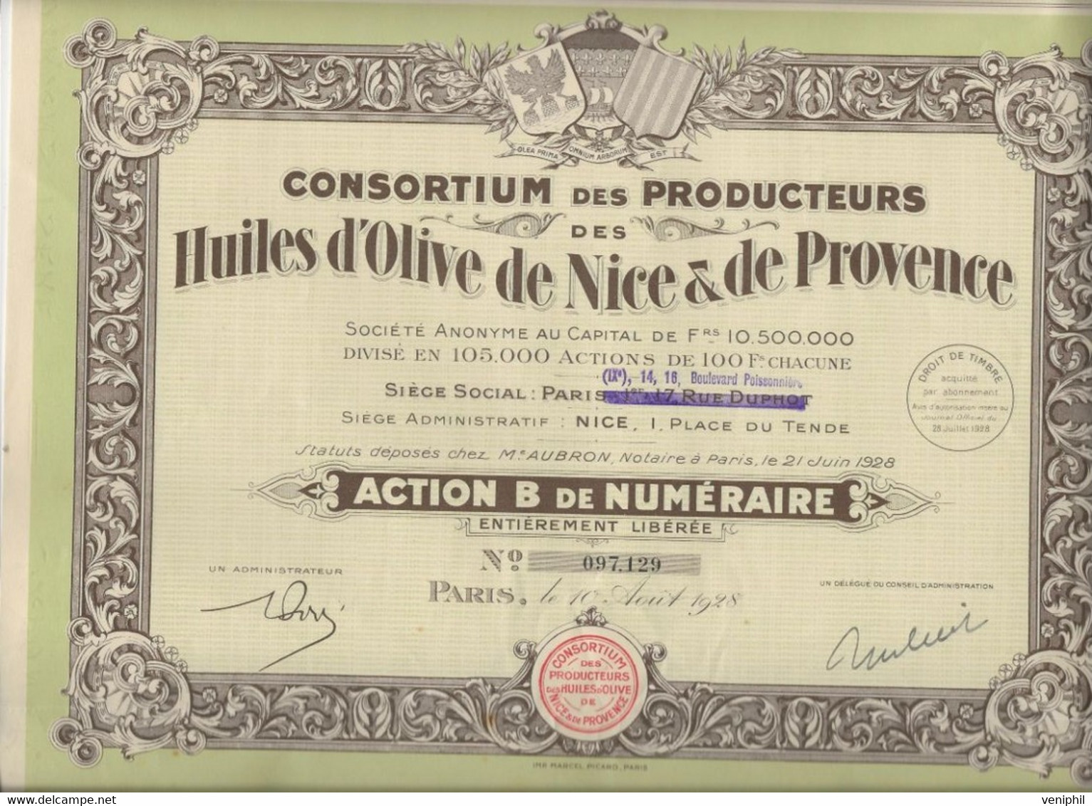 CONSORTIUM DES PRODUCTEURS DES HUILES D'OLIVE DE NICE ET DE PROVENCE -LOT  DE ACTIONS B  -ANNEE 1928 - Agricoltura