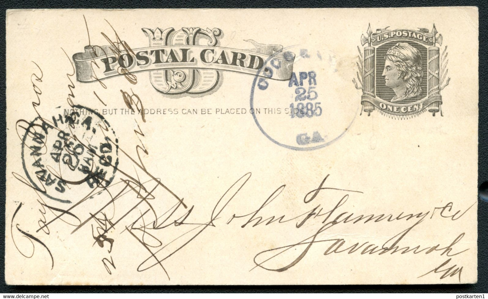 UX7var UPPS #S6b Postal Card 23 TEETH Used To Savannah GA 1885 Cat. $60.00 - ...-1900