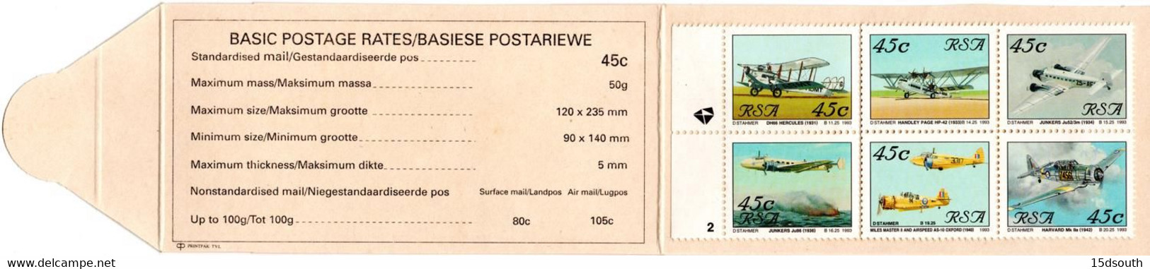 South Africa - 1993 Aviation Booklet Pane 2 (**) # SG SB24 - Carnets