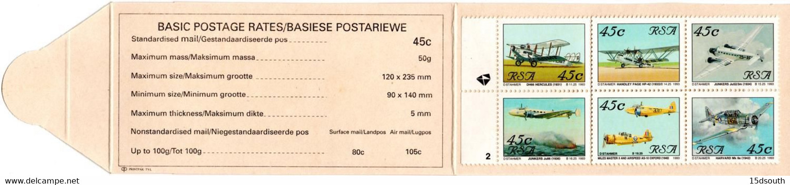 South Africa - 1993 Aviation Booklet Pane 2 (**) # SG SB24 - Libretti