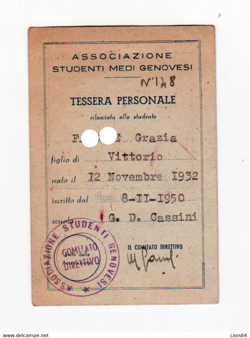 Tessera Associazione Studenti Medi Genovesi 1950 - Membership Cards