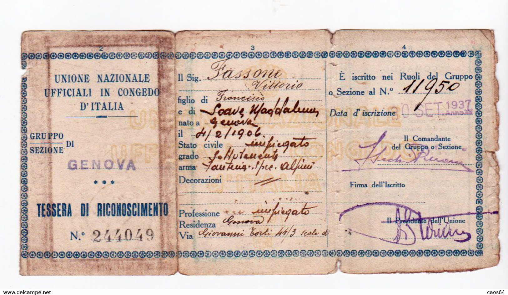 Tessera Unione Nazionale Ufficiali In Congedo D'Italia 1937 - Membership Cards