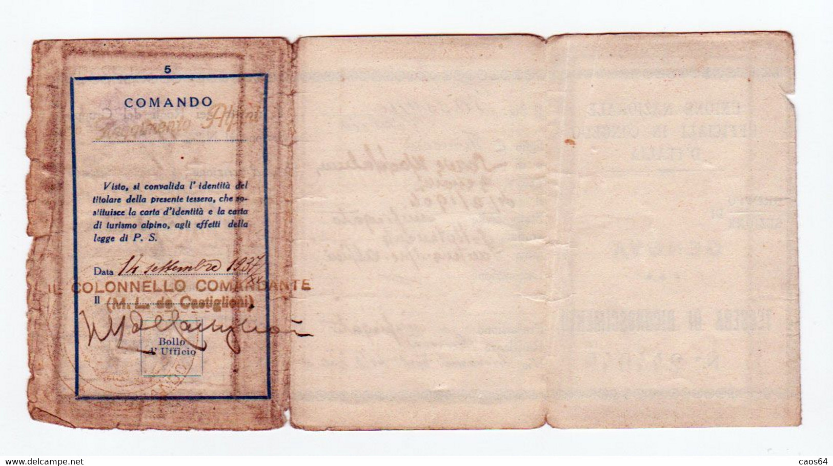 Tessera Unione Nazionale Ufficiali In Congedo D'Italia 1937 - Cartes De Membre