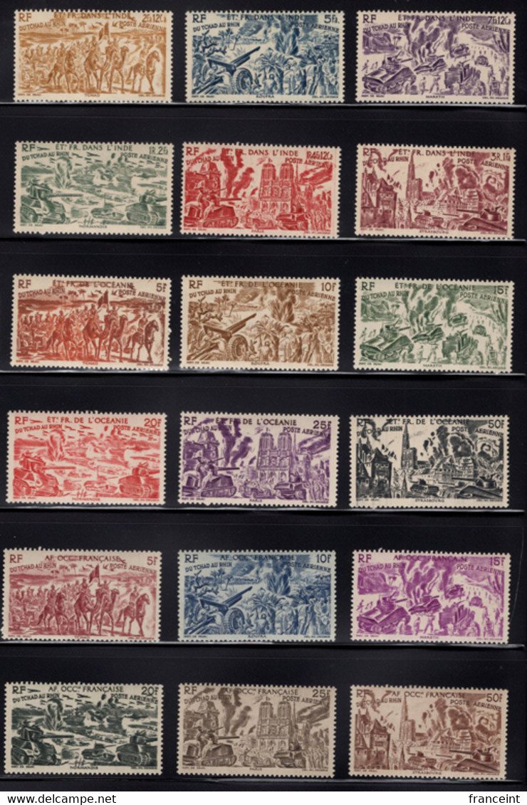 French Colonies (1946) Chad To Rhine Common Design. Complete Set Of 90 Stamps (15 Countries X 6) MNH. - 1946 Tchad Au Rhin