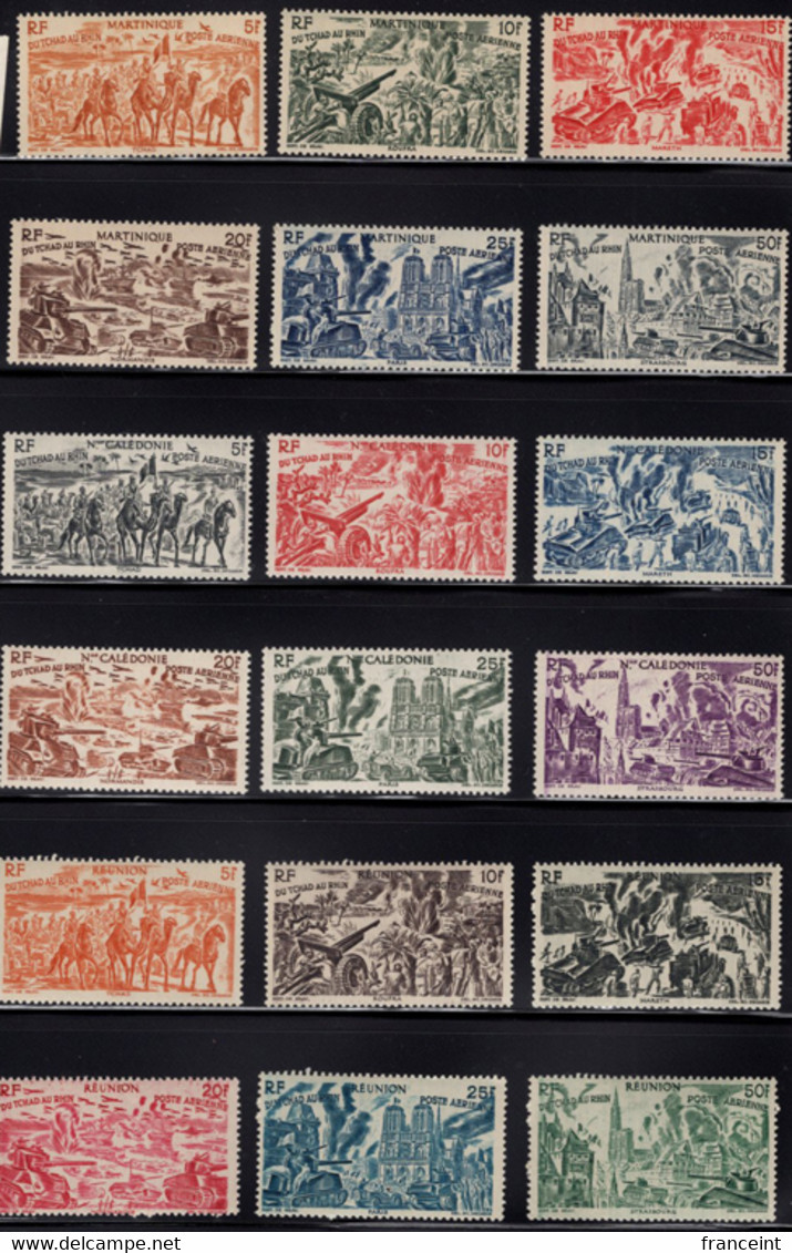 French Colonies (1946) Chad To Rhine Common Design. Complete Set Of 90 Stamps (15 Countries X 6) MNH. - 1946 Tchad Au Rhin