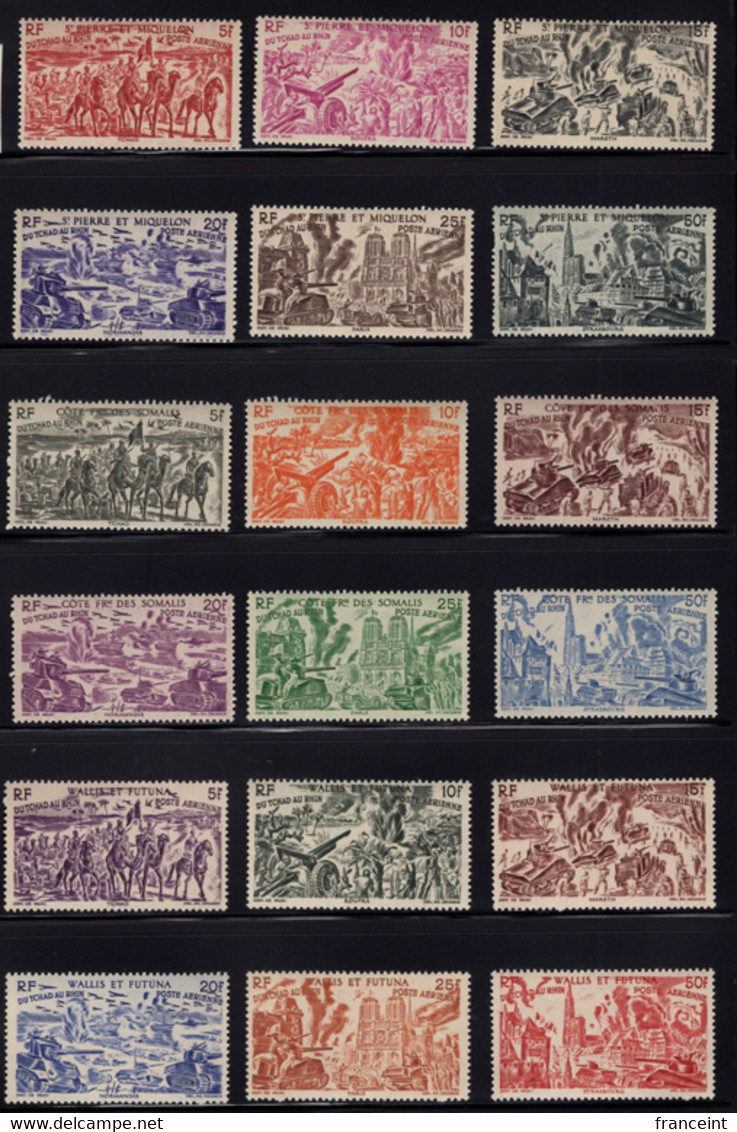 French Colonies (1946) Chad To Rhine Common Design. Complete Set Of 90 Stamps (15 Countries X 6) MNH. - 1946 Tchad Au Rhin