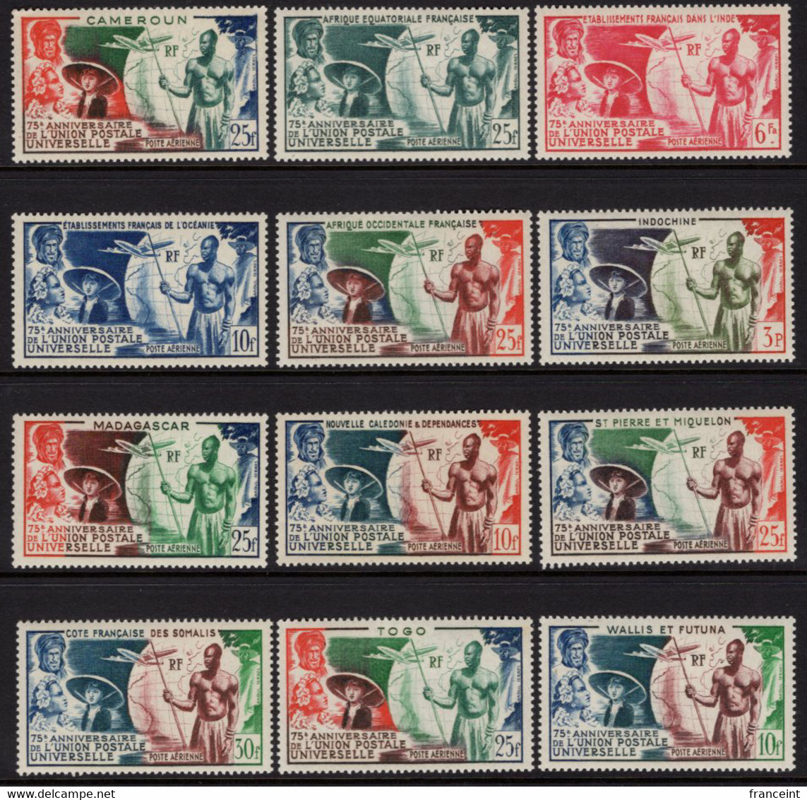 French Colonies (1949) UPU 75th Anniversary Common Design. Complete Set Of 12 MNH. - 1949 75e Anniversaire De L'UPU