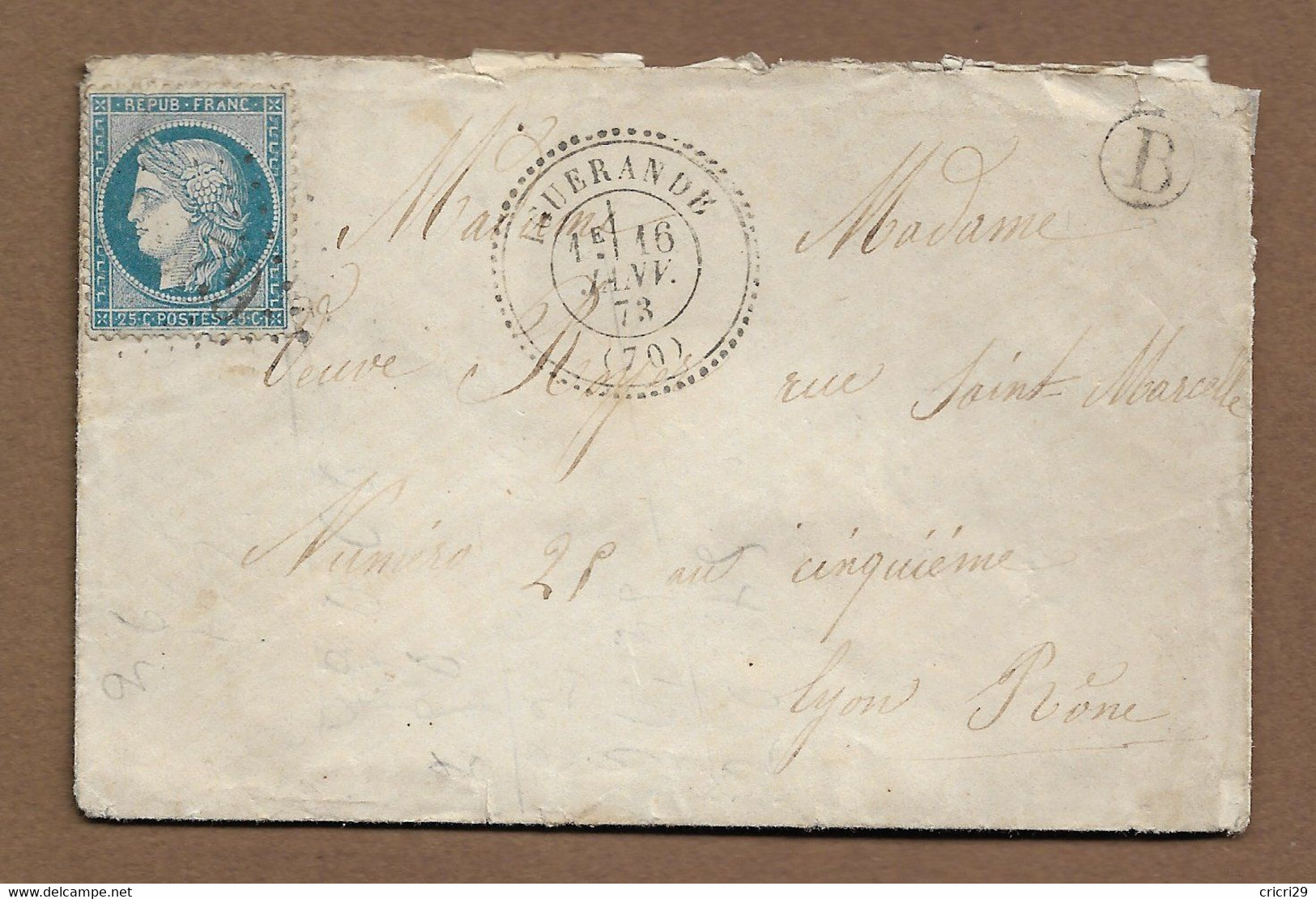 IGUERANDE  : 1873 : GC 6295  + Cachet à Date Type 24 + Boite Rurale  "B"  ( Saône Et Loire ) : - 1849-1876: Klassik