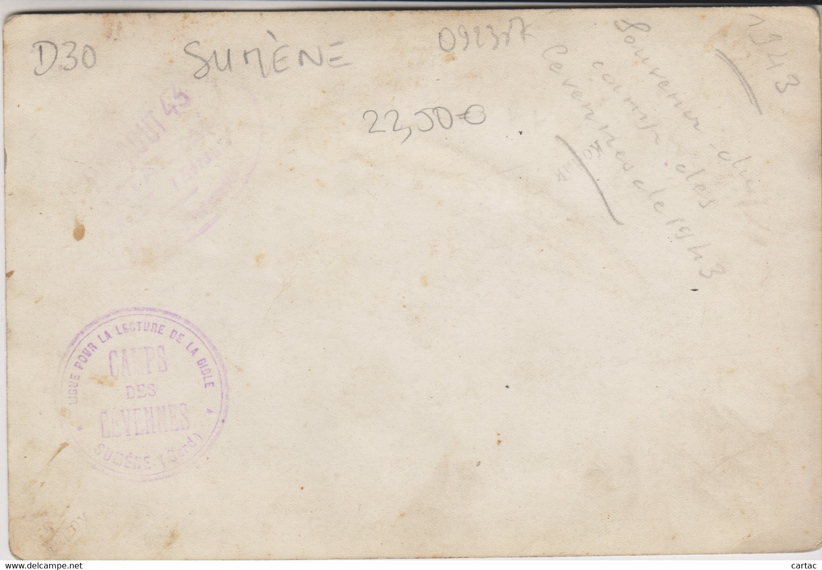 D30 - SUMENE - Inscription Au Verso : Souvenir Du Camp Des Cevennes De 1943 - Cachet Camps De Cévennes (voir Scan) - Sumène