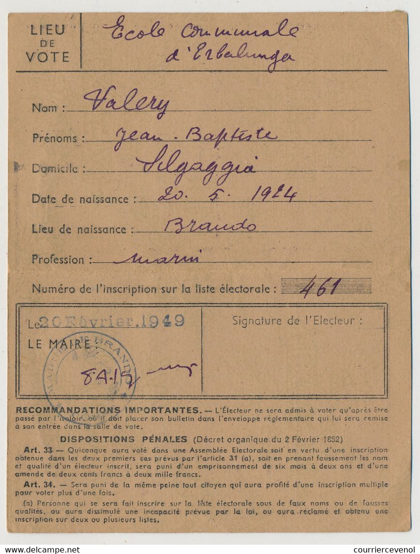 ERBALUNGA BRANDO (Corse) - 2 Cartes D'électeur - 20 Février 1949 - Mère Et Fils - Documents Historiques