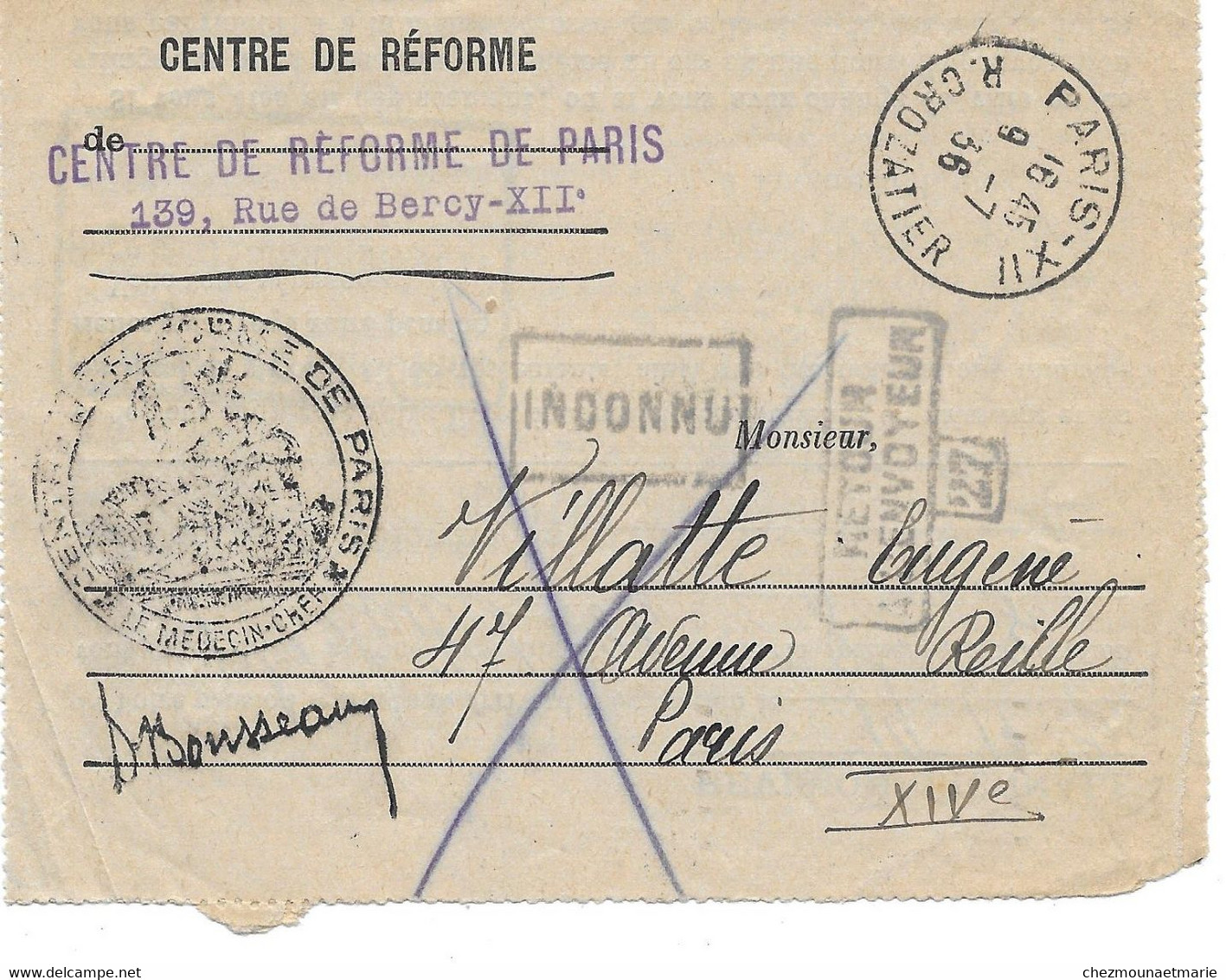 1936 PARIS - CENTRE DE REFORME POUR VILLATTE EUGENE AVENUE REILLE - SURCHARGE INCONNU RETOUR ENVOYEUR 27 - Documenti