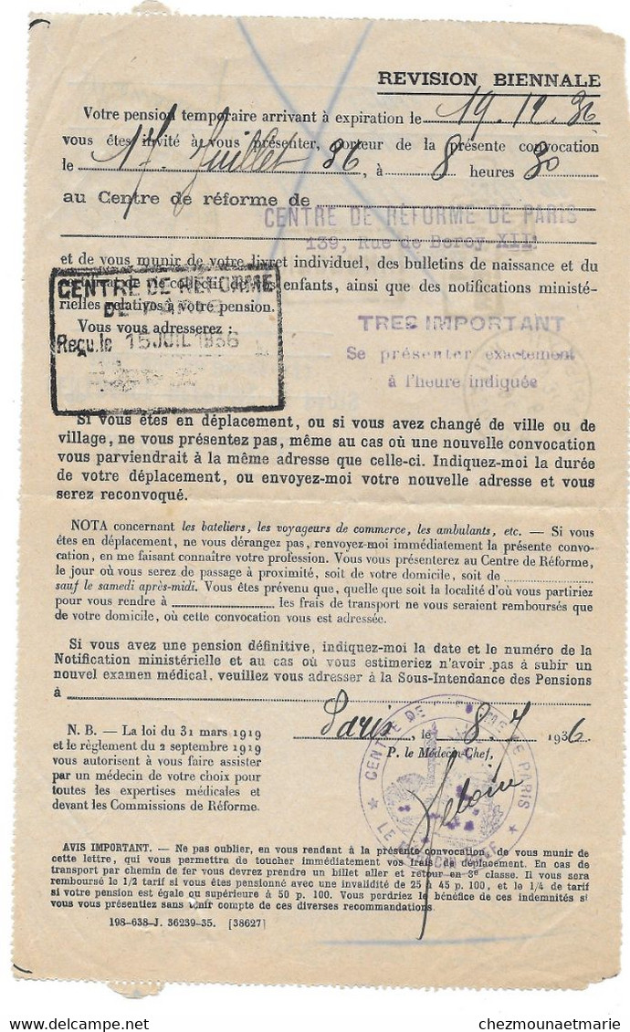 1936 PARIS - CENTRE DE REFORME POUR VILLATTE EUGENE AVENUE REILLE - SURCHARGE INCONNU RETOUR ENVOYEUR 27 - Documenti