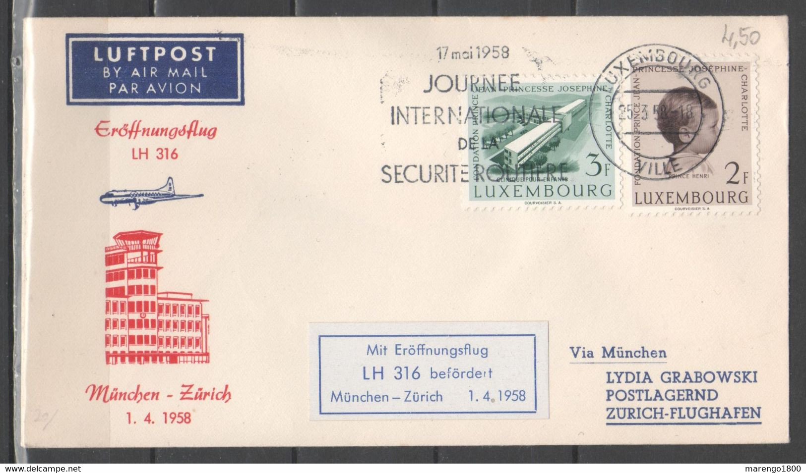 Lussemburgo 1958 - Volo Inaugurale München-Zürich        (g7136) - Cartas & Documentos