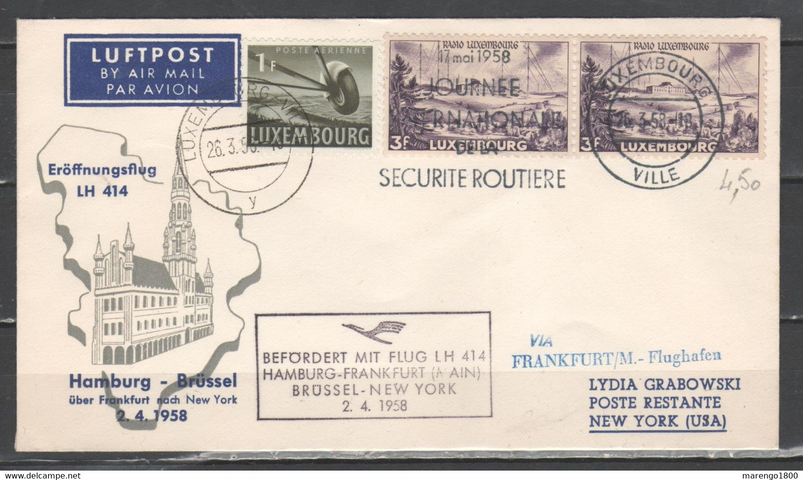 Lussemburgo 1958 - Volo Inaugurale Hamburg-Bruxelles-New York         (g7137) - Lettres & Documents