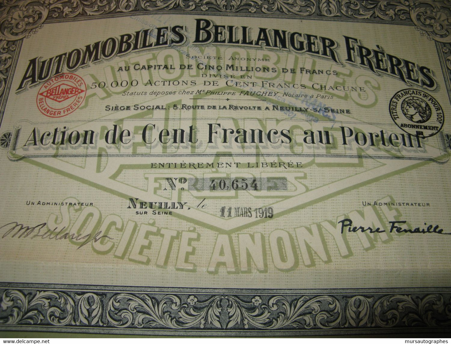 BON ENSEMBLE DE 4 ACTIONS 100 FRANCS AU PORTEUR DES AUTOMOBILES BELLANGER FRERES 1919-1920 Signé PEUGEOT - A - C