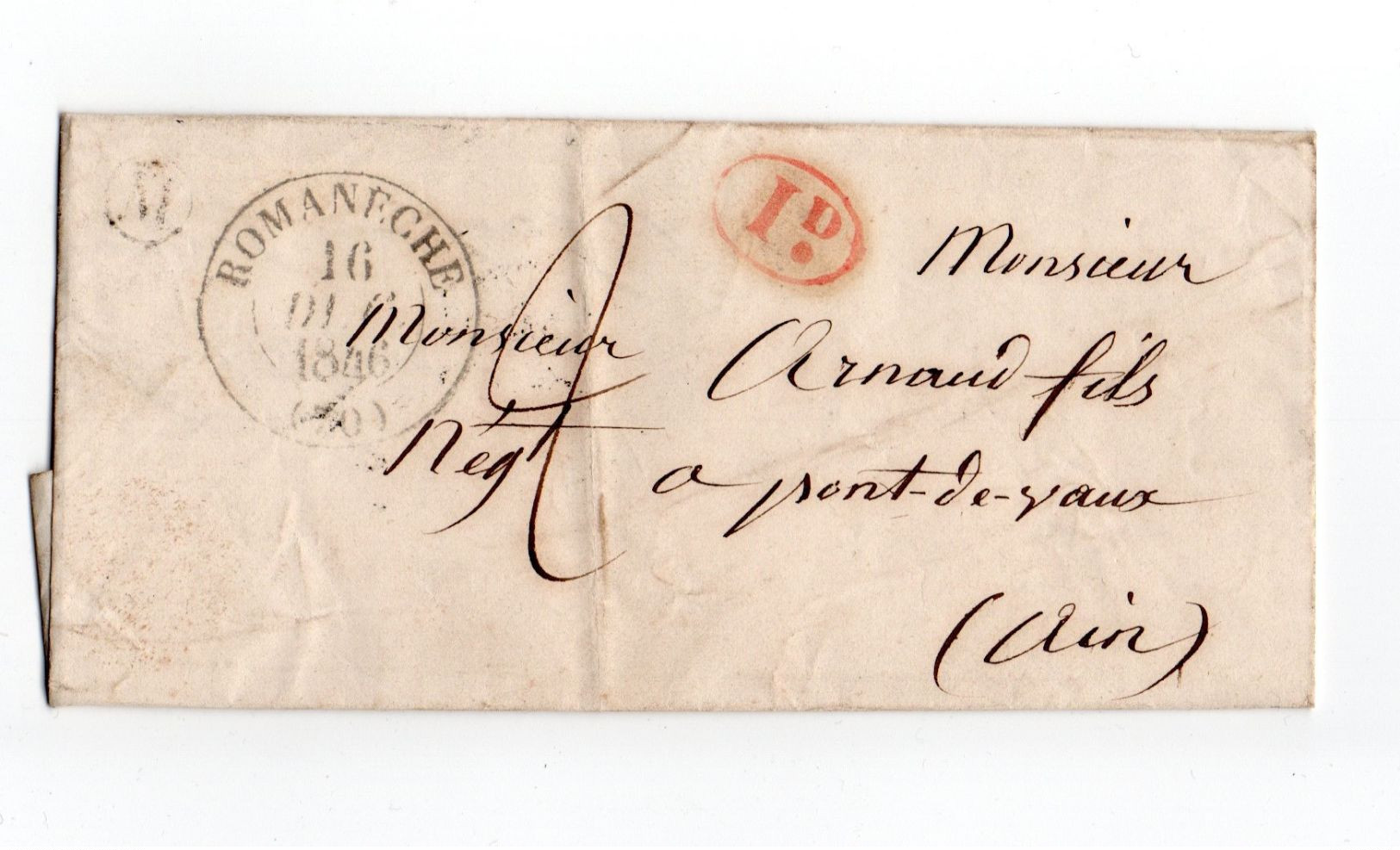 * - Lettre De 1846 De Juliénas, Lettre M, Oblitérée De Romanêche, Cachet ID Pour Pont De Vaux - 1801-1848: Precursores XIX