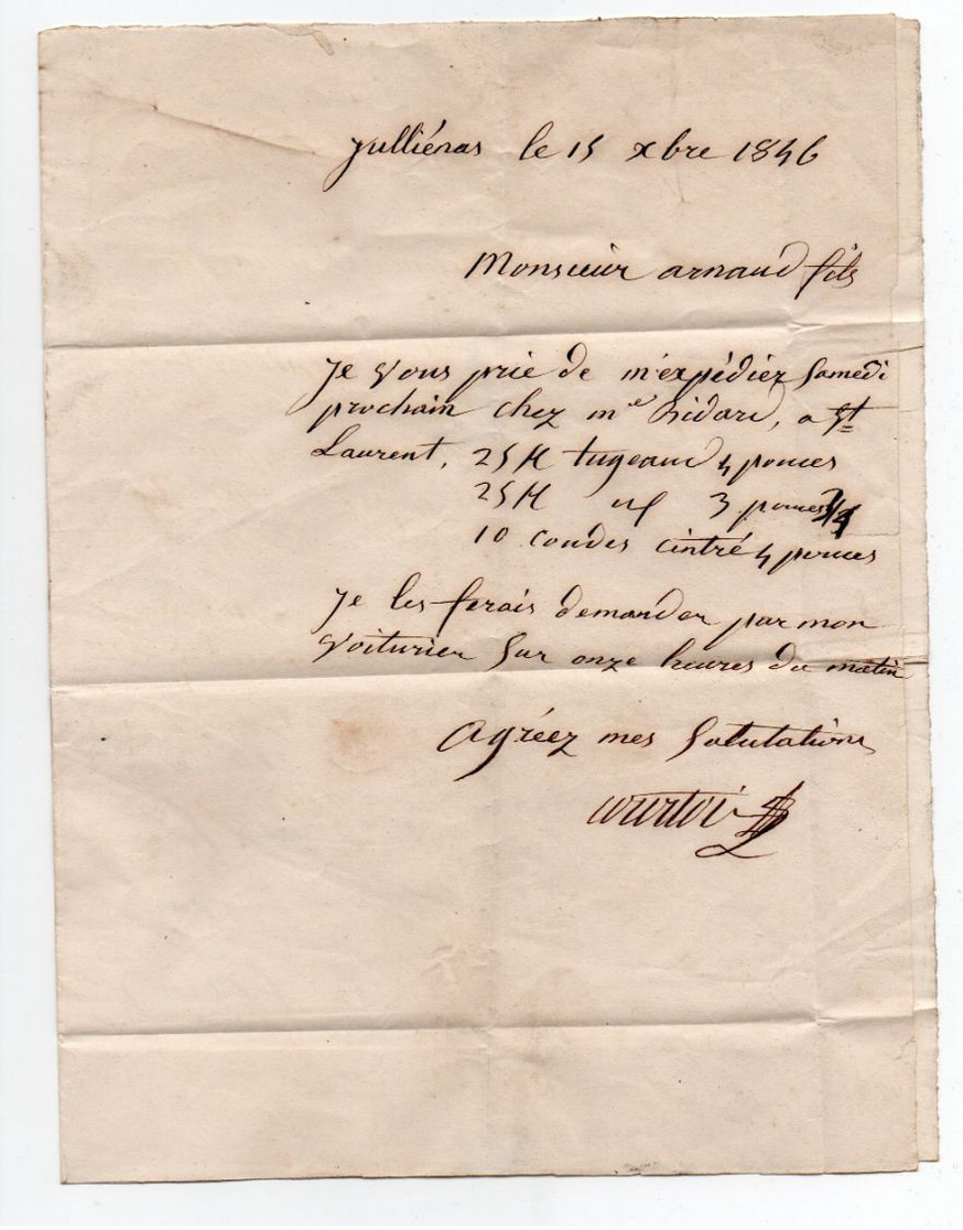 * - Lettre De 1846 De Juliénas, Lettre M, Oblitérée De Romanêche, Cachet ID Pour Pont De Vaux - 1801-1848: Précurseurs XIX