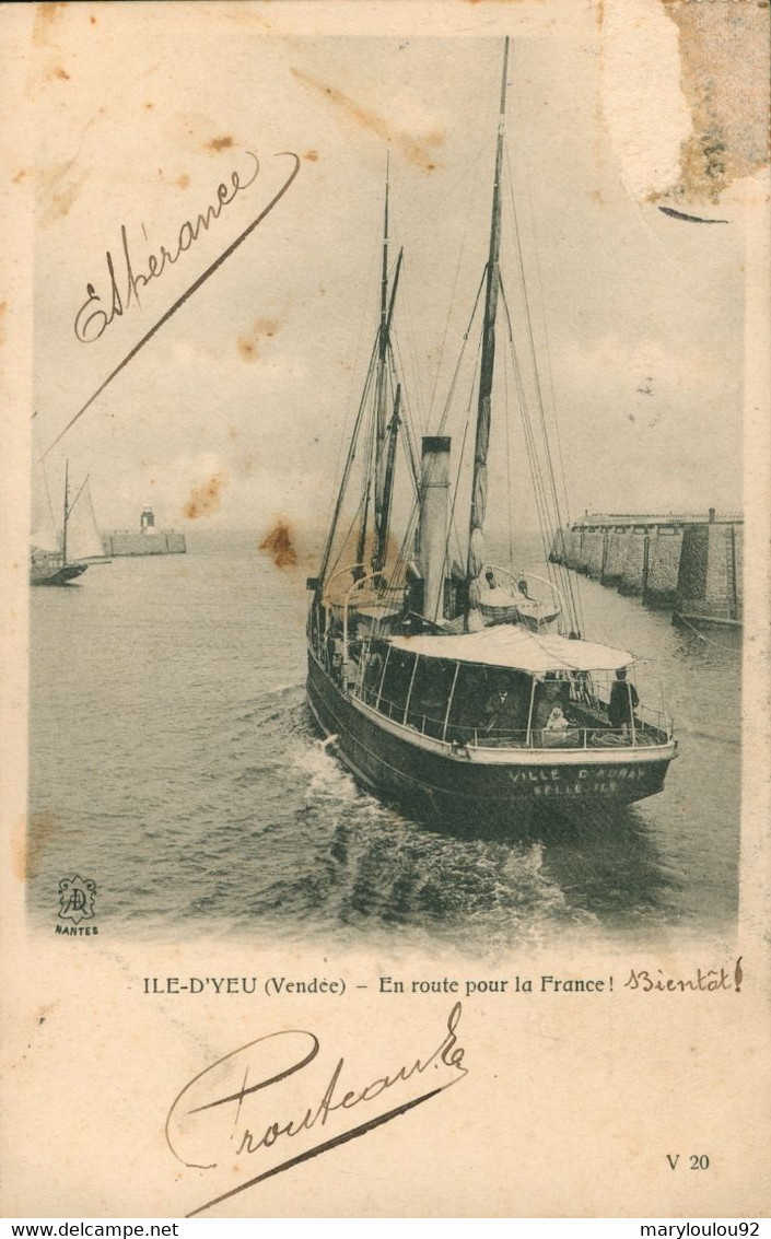 CPA Ile D'Yeu - En Route Pour La France Bateau - Circulée 1904 - Ile D'Yeu