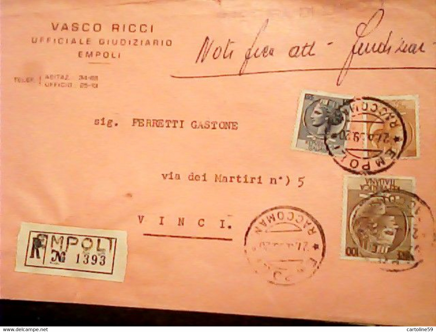 BUSTA RACCOMANDATA UFF GIUDIZIARIO EMPOLI 100L GRANDE TURRITA  + 80+15  LIRE VB1959 HW3775 - Empoli