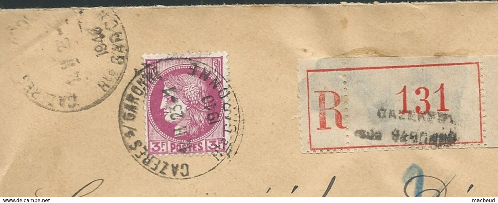 Yvert N° 376 Sur Lsc Recommandée Obl. Cad Cazeres Sur Garonne , 23/01/1940    LX 4804 - Storia Postale