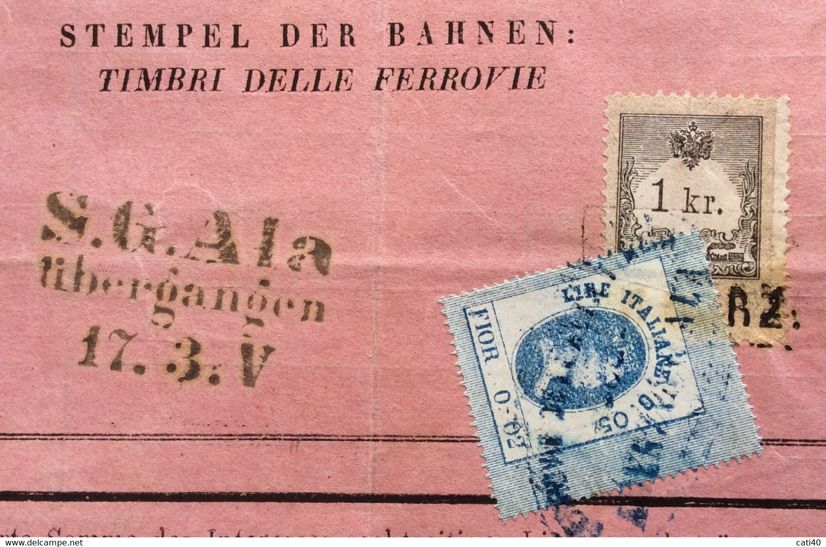 FERROVIE - MARCA TRANSIZIONE F.0,02/L.0,05 / + AUSTRIA 1 Kr Su LETTERA DI PORTO  VERONA ROVERETO ALA DEL 16/3/1869 N- R. - Revenue Stamps