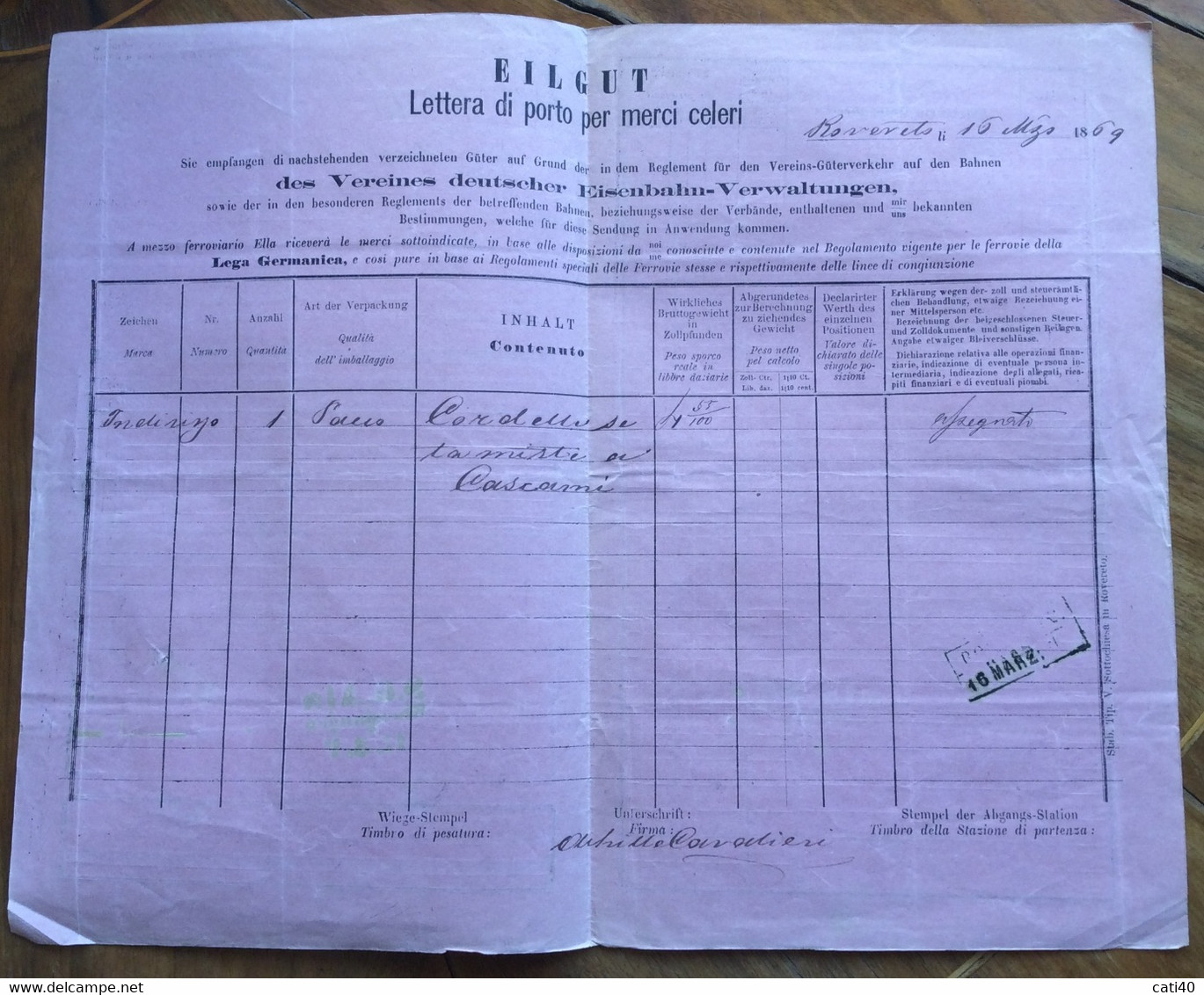 FERROVIE - MARCA TRANSIZIONE F.0,02/L.0,05 / + AUSTRIA 1 Kr Su LETTERA DI PORTO  VERONA ROVERETO ALA DEL 16/3/1869 N- R. - Steuermarken