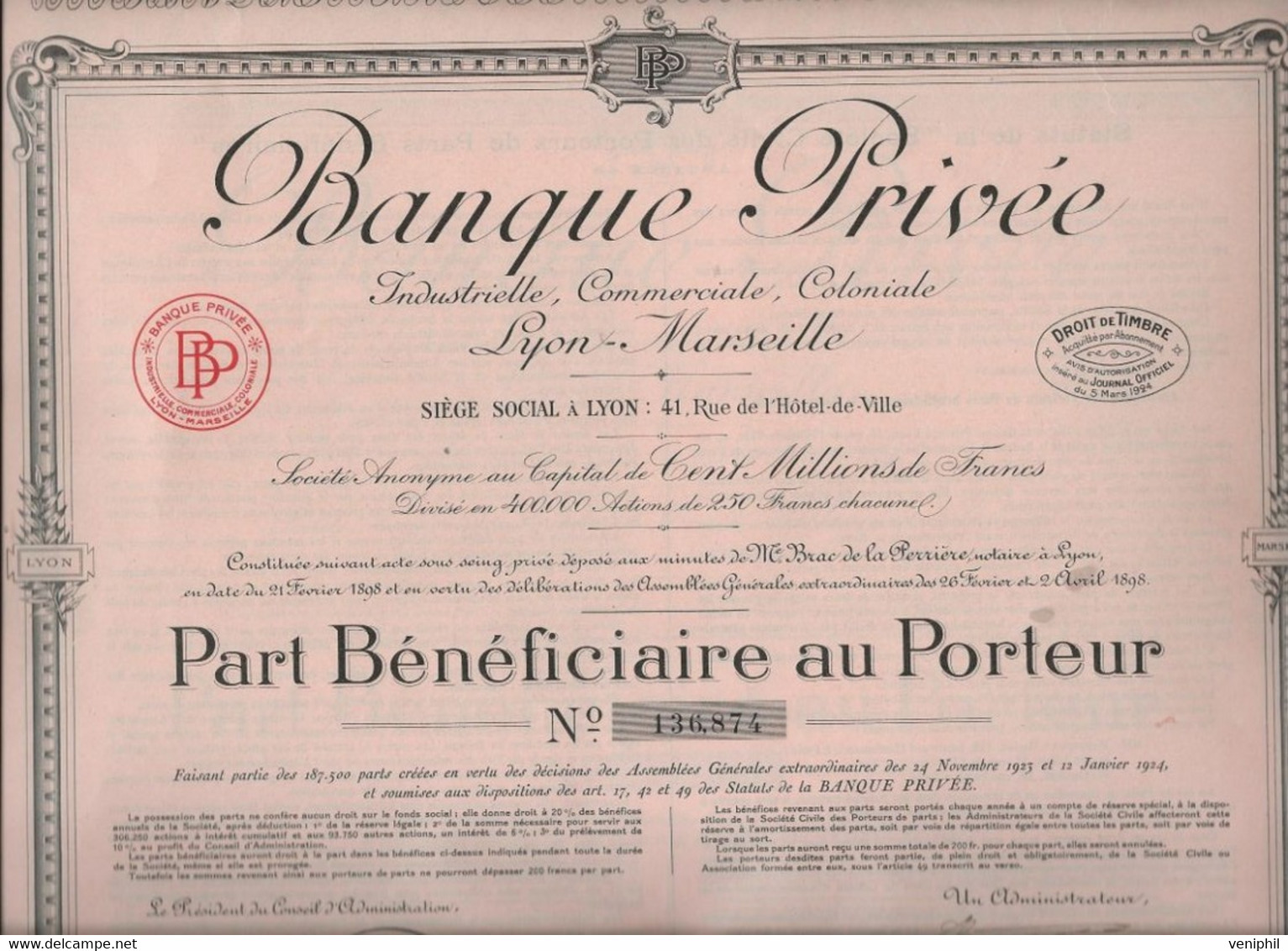 BANQUE PRIVEE INDUSTRIELLE-COMMERCIAL-COLONIALE- LYON-MARSEILLE - LOT DE 4 ACTIONS DE 250 FRS -ANNEE 1924 - Bank En Verzekering