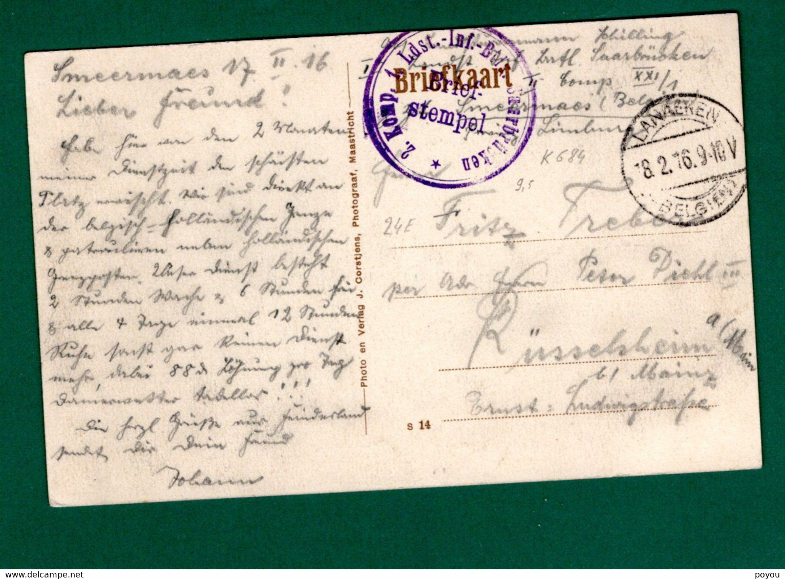 707-SMEERMAES-dorpstraat-cafe De La Meuse-censure Allemande WWI Stempel 2 Komp LDST INF SAARBRUCKEN - Lanaken