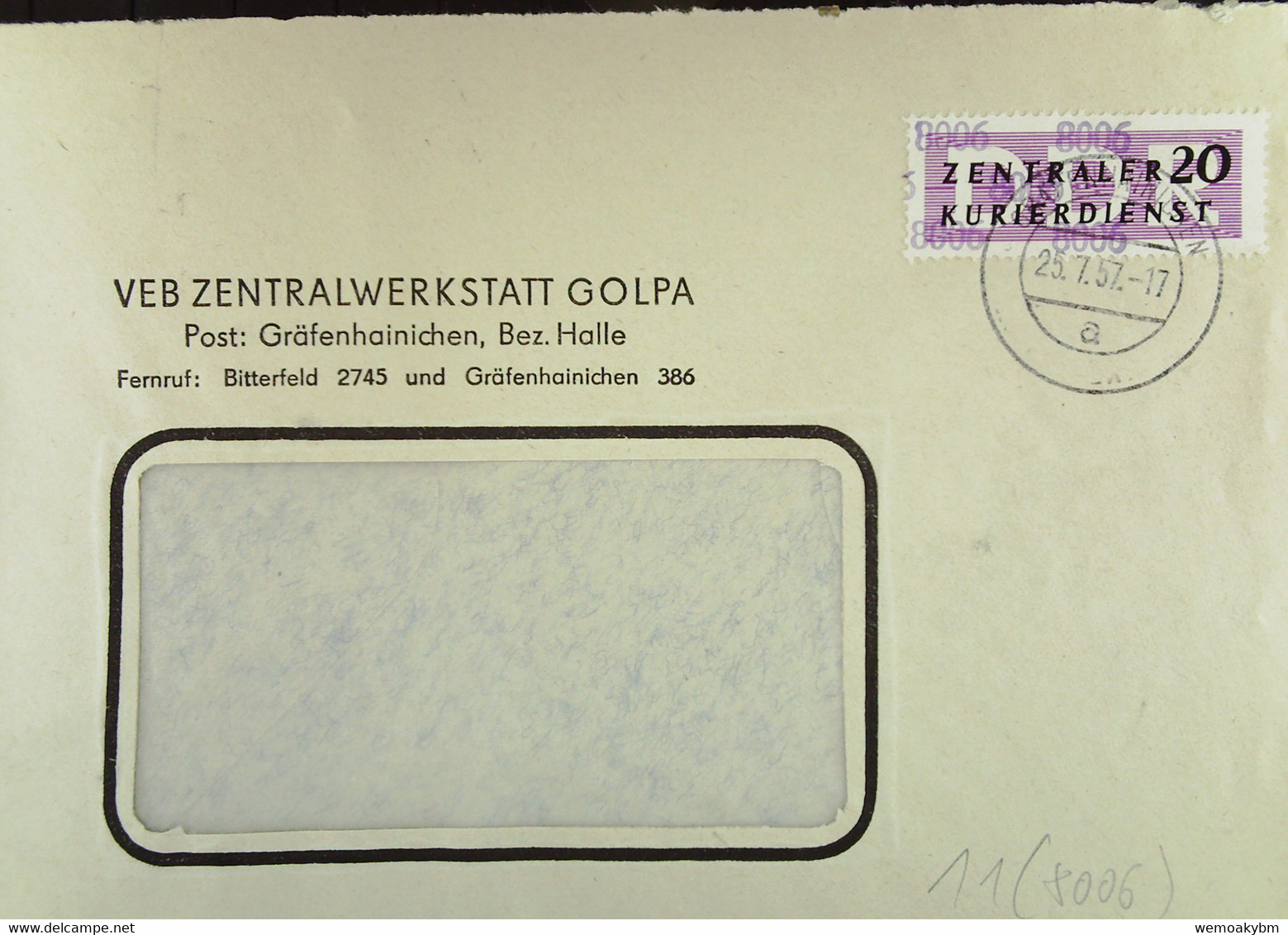 DDR: ZKD-Brief Mit 20 Pf EF Vom VEB Zentralwerkstatt Golpa Gräfenhainichen Vom 25.7.57 Nach Borna Knr: B 11 (8006) - Other & Unclassified