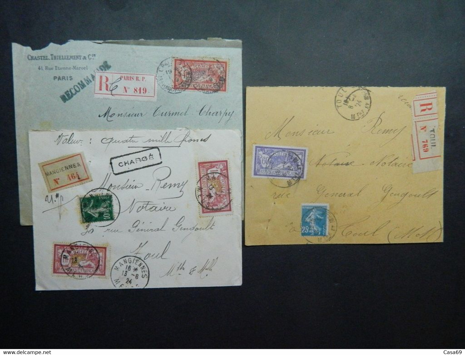 1919 - 1924 3 Lettres En Recommandé Dont 1 Chargée Timbres Merson 40 C 60 C Et 1 Fr - 1900-27 Merson