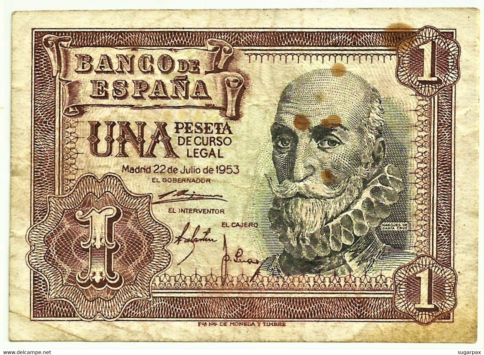 ESPAÑA - 1 Peseta - 22.07.1953 - Pick 144 - SERIE F - Spain - Marquês De Santa Cruz - 1-2 Pesetas