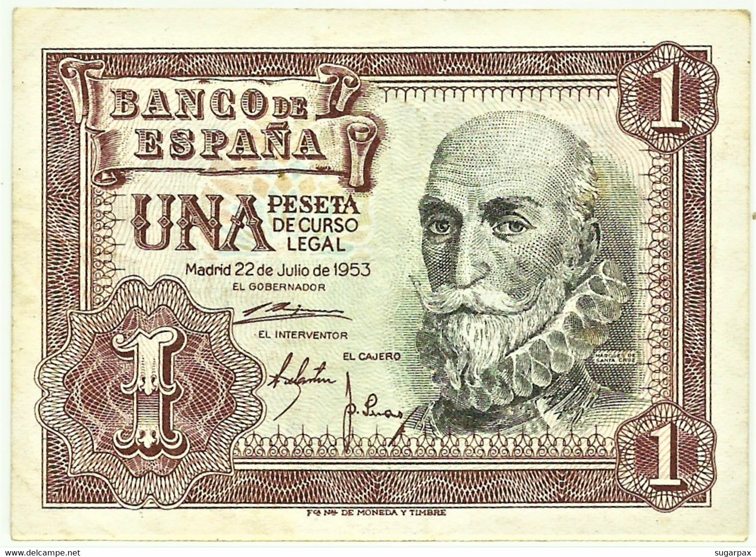 ESPAÑA - 1 Peseta - 22.07.1953 - Pick 144 - SERIE V - Spain - Marquês De Santa Cruz - 1-2 Pesetas