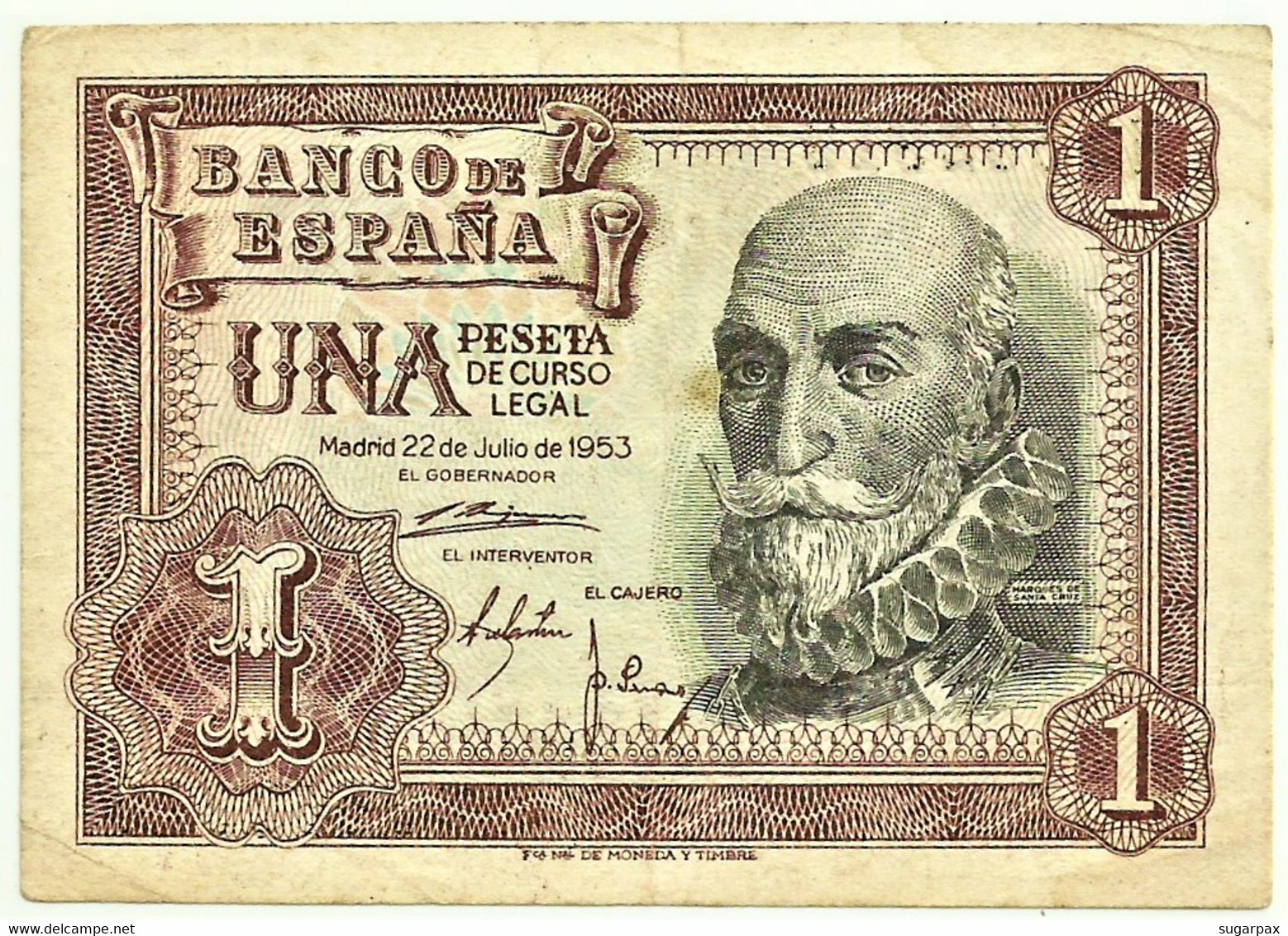 ESPAÑA - 1 Peseta - 22.07.1953 - Pick 144 - SERIE W - Spain - Marquês De Santa Cruz - 1-2 Peseten