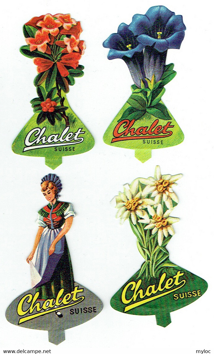 Fromage Suisse CHALET Cheese. Lot De 4 Découpis : Fleurs Et Costume Folklorique. - Flores